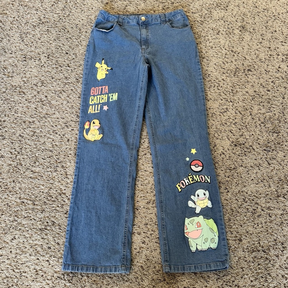 Pokeman Denim Jeans Girls Size 16 Gotta Catch‎ Em All Pikachu Squirtle Bulbasaur